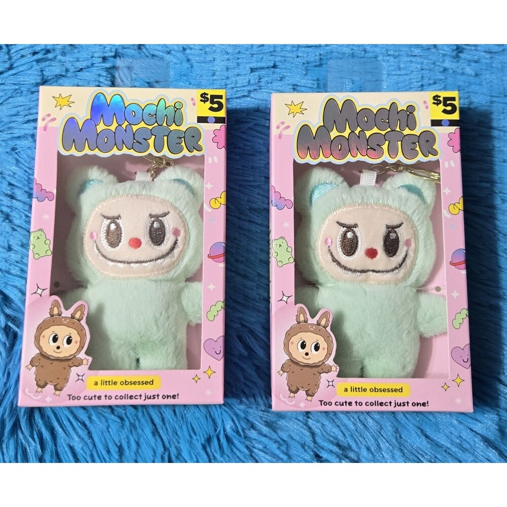 Mochi Monster Set of 2 Green Plush Charm 5" Keychains With Gold Hardware 💚
